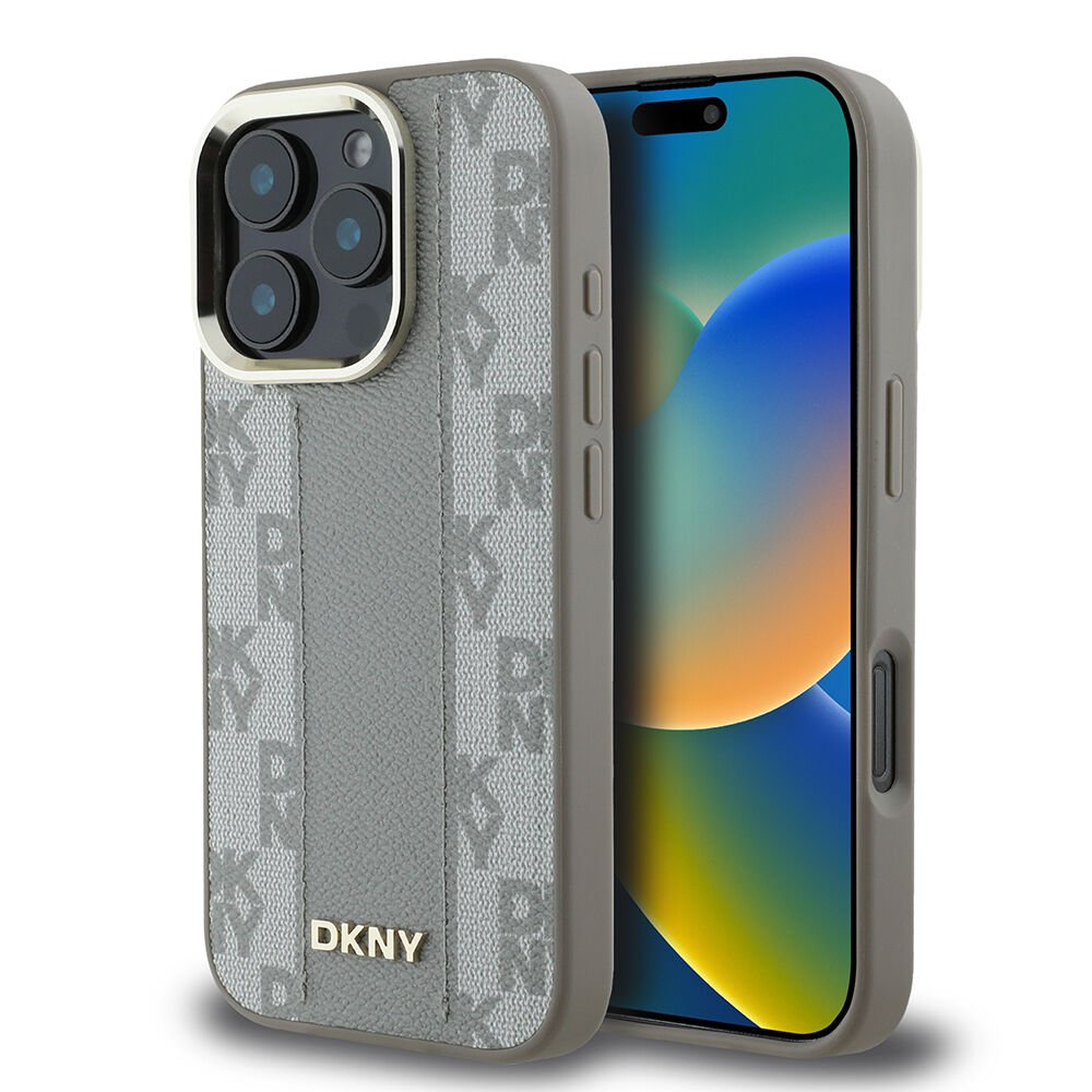 Apple iPhone 16 Pro Max Kılıf DKNY Orjinal Lisanslı M-safe Şarj Özellikli 3D Yazılı Checkered Pattern Kılıf - Bej