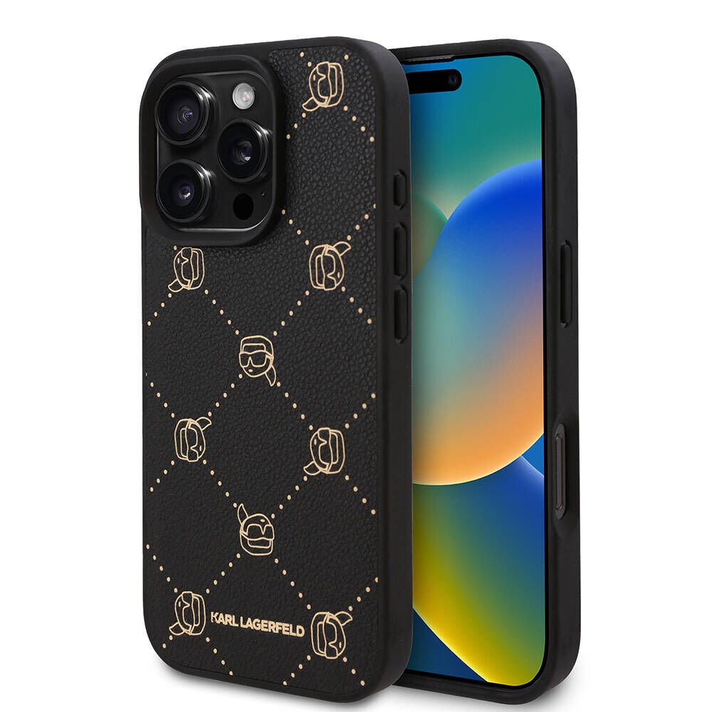 Apple iPhone 16 Pro Max Kılıf Karl Lagerfeld Orjinal Lisanslı M-safe Şarj Özellikli PU Deri Karl Heads Desenli Klasik Logolu Kılıf