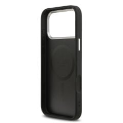 Apple iPhone 17 Pro Kılıf Guess Orjinal Lisanslı M-safe Şarj Özellikli PU Deri Metal Kamera Çerçeveli Üçgen Logolu Kapak Siyah
