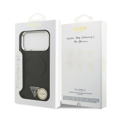 Apple iPhone 17 Pro Kılıf Guess Orjinal Lisanslı M-safe Şarj Özellikli PU Deri Metal Kamera Çerçeveli Üçgen Logolu Kapak Siyah