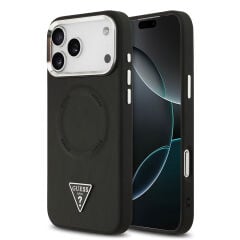 Apple iPhone 17 Pro Kılıf Guess Orjinal Lisanslı M-safe Şarj Özellikli PU Deri Metal Kamera Çerçeveli Üçgen Logolu Kapak Siyah