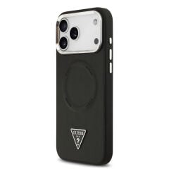 Apple iPhone 17 Pro Kılıf Guess Orjinal Lisanslı M-safe Şarj Özellikli PU Deri Metal Kamera Çerçeveli Üçgen Logolu Kapak Siyah