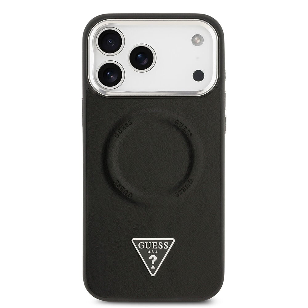 Apple iPhone 17 Pro Kılıf Guess Orjinal Lisanslı M-safe Şarj Özellikli PU Deri Metal Kamera Çerçeveli Üçgen Logolu Kapak Siyah