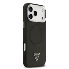 Apple iPhone 17 Pro Kılıf Guess Orjinal Lisanslı M-safe Şarj Özellikli PU Deri Metal Kamera Çerçeveli Üçgen Logolu Kapak Siyah