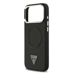 Apple iPhone 17 Pro Kılıf Guess Orjinal Lisanslı M-safe Şarj Özellikli PU Deri Metal Kamera Çerçeveli Üçgen Logolu Kapak Siyah