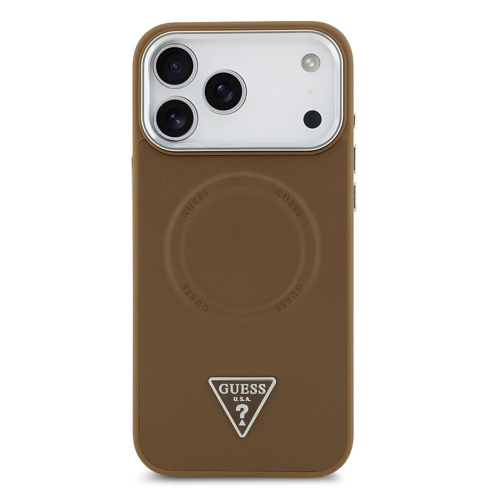 Apple iPhone 17 Pro Kılıf Guess Orjinal Lisanslı M-safe Şarj Özellikli PU Deri Metal Kamera Çerçeveli Üçgen Logolu Kapak Kahverengi