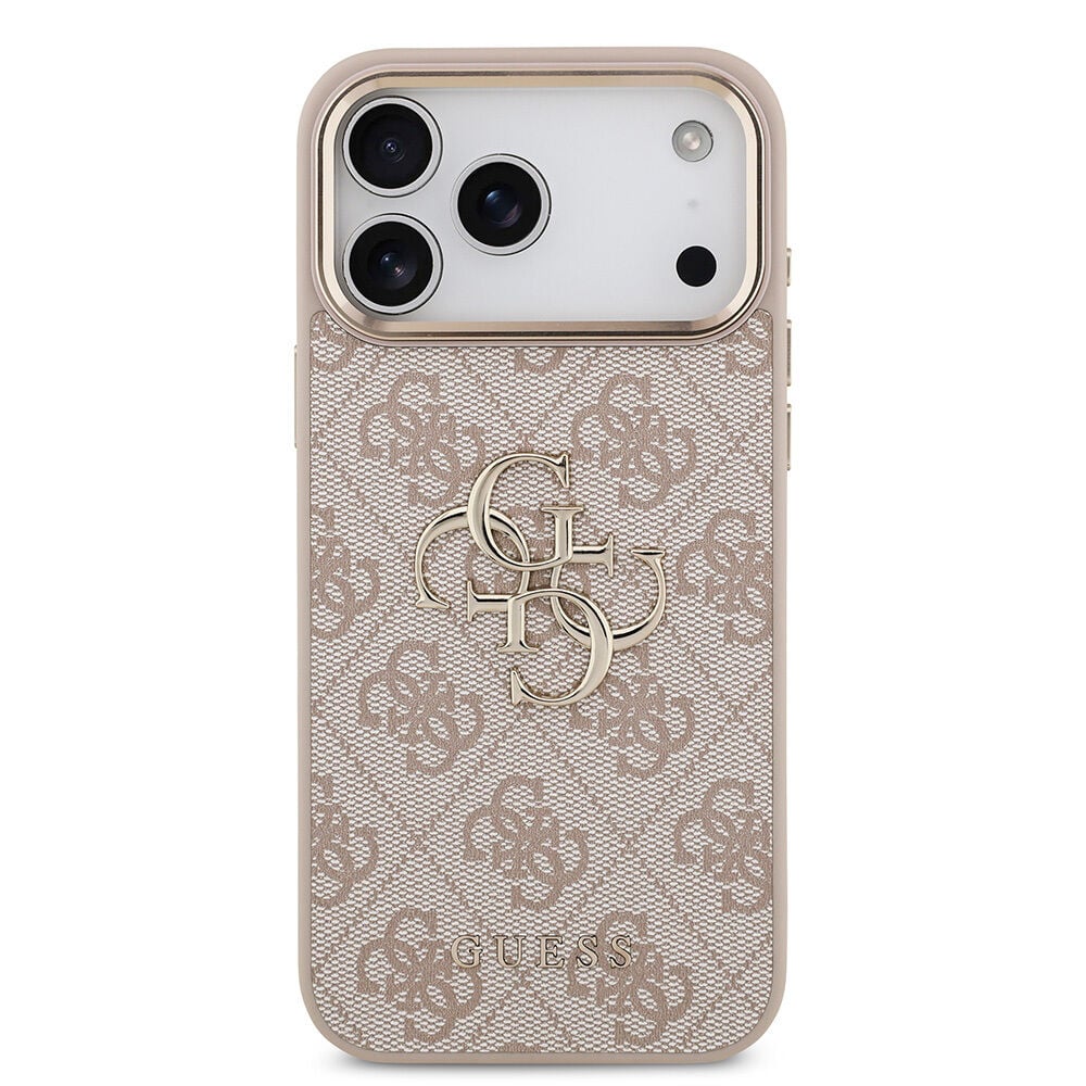 Apple iPhone 17 Pro Max Kılıf Guess Orjinal Lisanslı Gold Metal Kamera Çerçeveli 4G Desenli Metal Büyük 4G ve Yazı Logolu Kapak