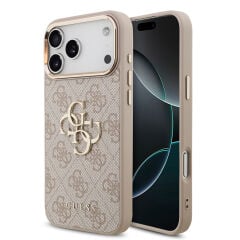 Apple iPhone 17 Pro Max Kılıf Guess Orjinal Lisanslı Gold Metal Kamera Çerçeveli 4G Desenli Metal Büyük 4G ve Yazı Logolu Kapak