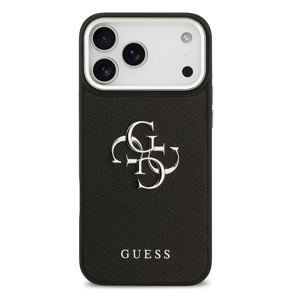 Apple iPhone 17 Pro Max Kılıf Guess Orjinal Lisanslı Metal Kamera Çerçeveli Metal Büyük 4G ve Yazı Logolu PU Deri Kapak