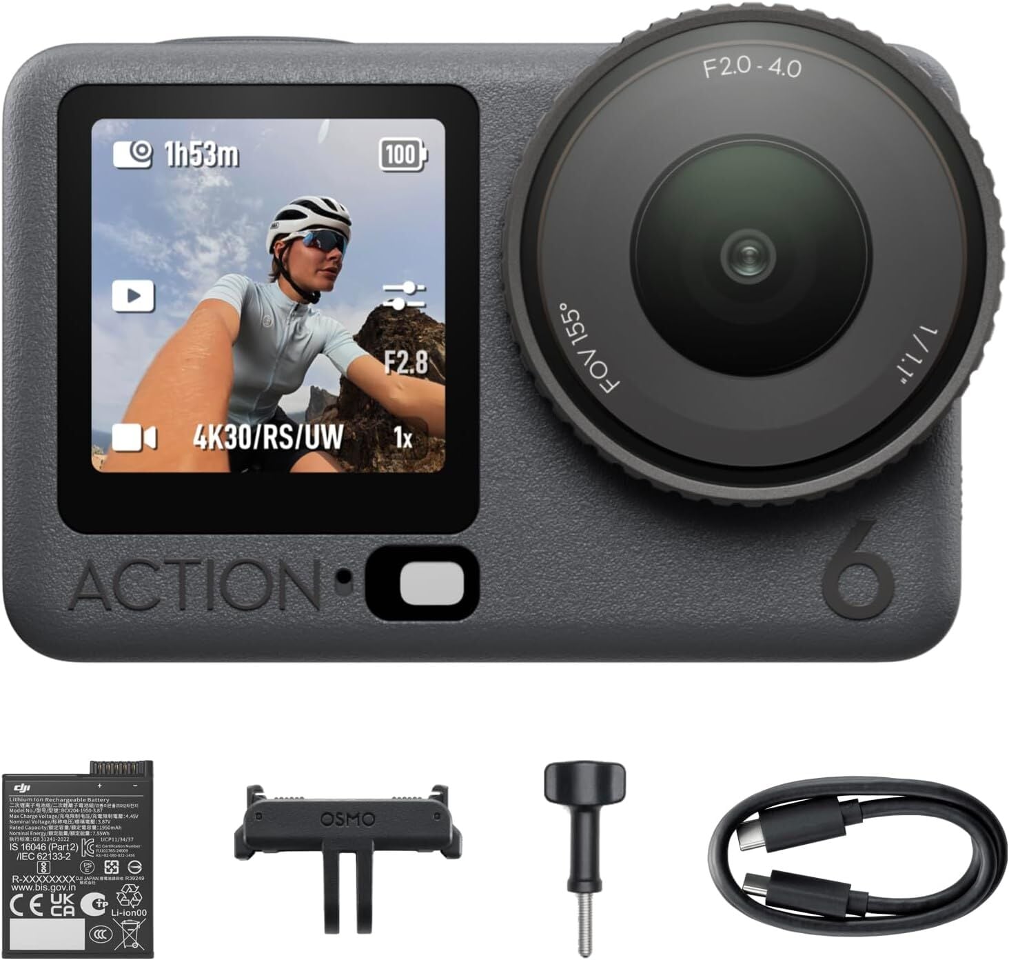Osmo Action 6 Standard Combo | 1/1.1 ''Kare Sensör, f/2.0–f/4.0 Değişken Diyaframı, Rocksteady 3.0, Soğuğa Dayanıklı, 4 Saat Pil, 50GB Depolama