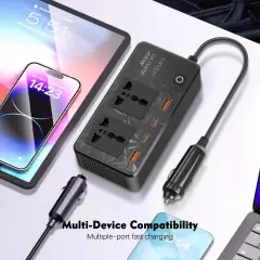 Earldom 200W Araç Güç İnvertörü 12V DC - 220V AC | 2 AC Priz + 2 USB-C PD + 2 USB-A