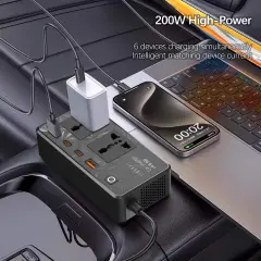 Earldom 200W Araç Güç İnvertörü 12V DC - 220V AC | 2 AC Priz + 2 USB-C PD + 2 USB-A