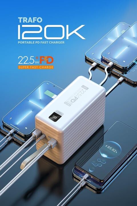 Powerway TRAFO120 Siyah 120.000 Mah PD 22.5W Dahili Kablolu Hızlı Şarj Işıklı Powerbank