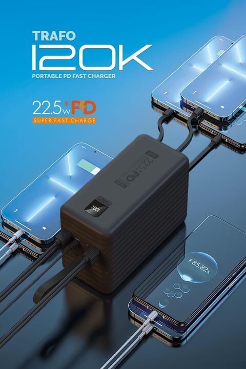 Powerway TRAFO120 Siyah 120.000 Mah PD 22.5W Dahili Kablolu Hızlı Şarj Işıklı Powerbank Siyah