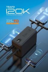 Powerway TRAFO120 Siyah 120.000 Mah PD 22.5W Dahili Kablolu Hızlı Şarj Işıklı Powerbank Siyah