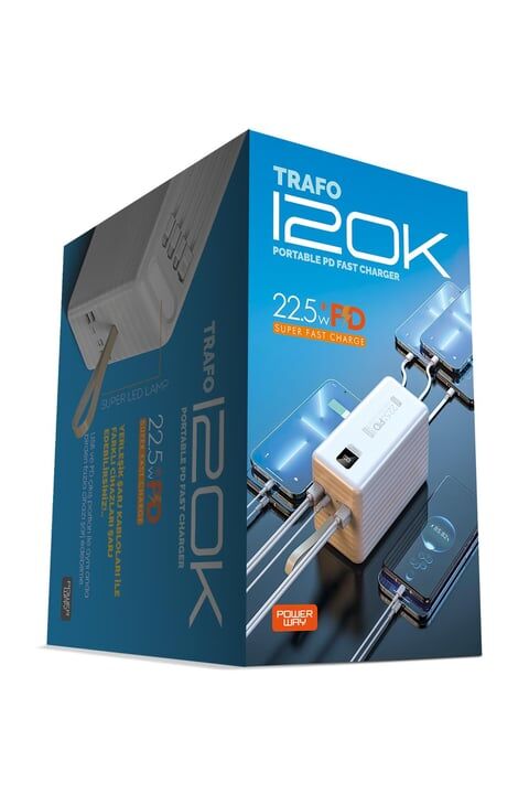 Powerway TRAFO120 Siyah 120.000 Mah PD 22.5W Dahili Kablolu Hızlı Şarj Işıklı Powerbank Beyaz 