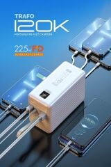 Powerway TRAFO120 Siyah 120.000 Mah PD 22.5W Dahili Kablolu Hızlı Şarj Işıklı Powerbank Beyaz 