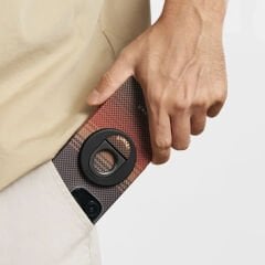 Apple iPhone 16 Pro Kılıf M-safe Şarj Özellikli Grip 3 Standlı Aramid Fiber Pitaka Tactile Woven Sunset-Moonrise Serisi Sunset Kılıf