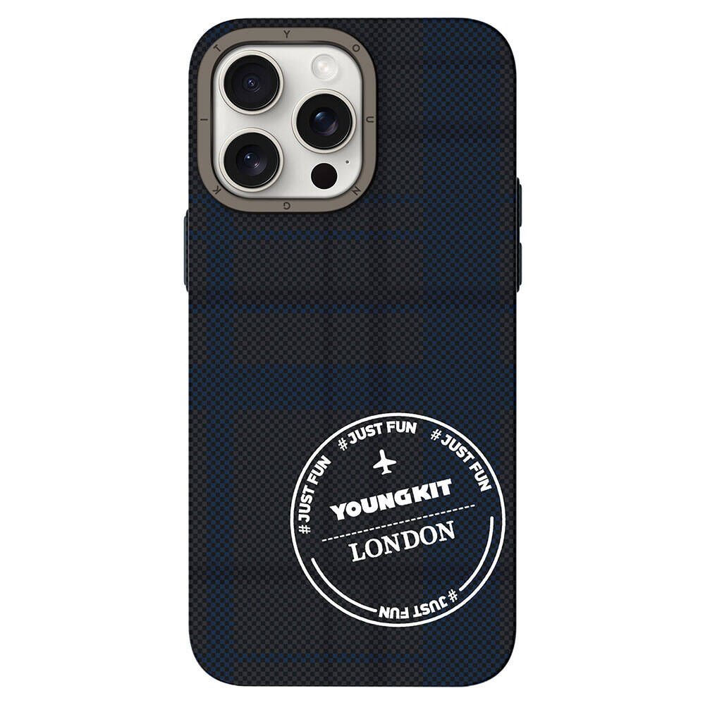 Apple iPhone 15 Pro Max Kılıf Ekose Desenli Youngkit Gezhi Serisi Kılıf Mavi 