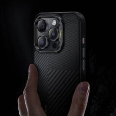 Apple iPhone 15 Pro Kılıf M-safe Şarj Özellikli Karbon Fiber Benks Montage Hybrid ArmorPro Kevlar Kılıf
