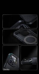 Apple iPhone 15 Pro Max Kılıf M-safe Şarj Özellikli Karbon Fiber Benks Montage Hybrid ArmorPro Kevlar Kılıf