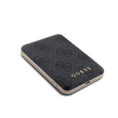 Guess Orjinal Lisanslı Dijital Led Göstergeli PU Deri 4G Desenli Metal Yazı Logolu Powerbank 5000mAh 15W Siyah