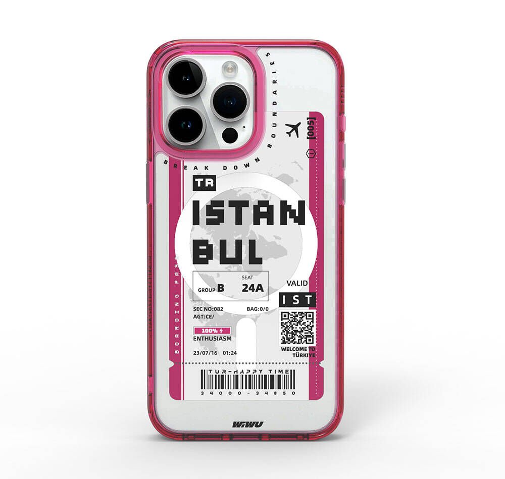Apple iPhone 15 Pro Max Kılıf M-safe Şarj Özellikli Bilet Desenli Wiwu Turkey B Serisi Kılıf Pembe 