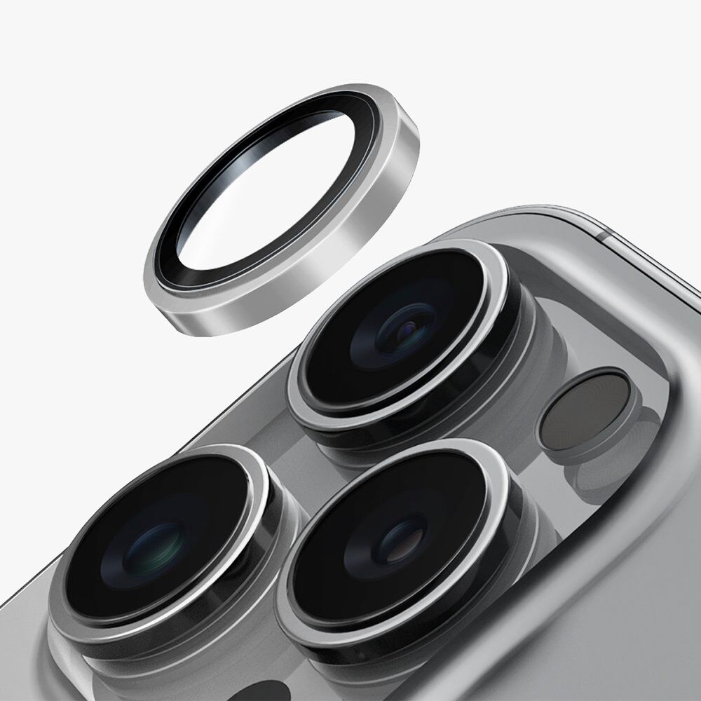 Uniq iPhone 16 Pro Max Optix Çelik Çerçeveli Sapphire Kamera Lens Koruyucu - Siyah Gümüş
