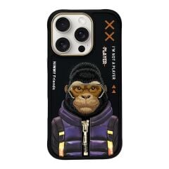 iPhone 16 Pro 3D Gerçek Nakış İşlemeli Kabartmalı Gözlük Fermuar Mont Gorilla Detaylı Cool Cute 2.0 Silikon Kılıf