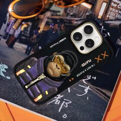 iPhone 16 Pro 3D Gerçek Nakış İşlemeli Kabartmalı Gözlük Fermuar Mont Gorilla Detaylı Cool Cute 2.0 Silikon Kılıf