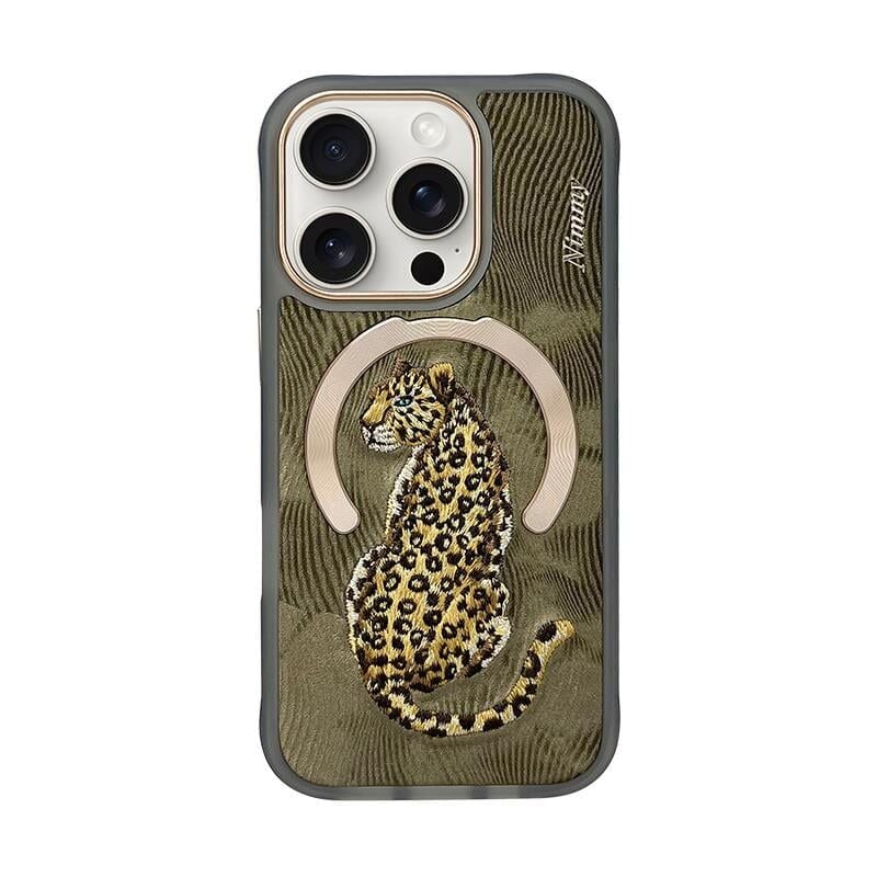 iPhone 16 Pro 3D Gerçek Nakış işlemeli MagSafe Özellikli Fantasy Animal Leopar Silikon Kılıf