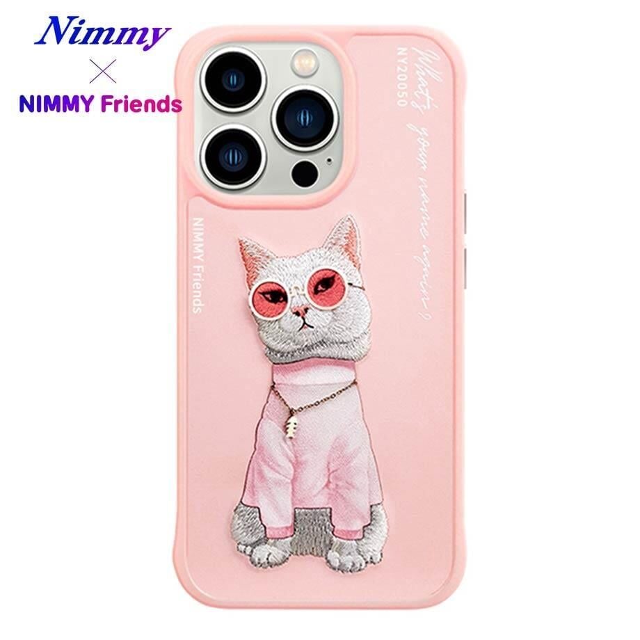 iPhone 15 Pro Max 3D Gerçek Nakış İşleme Kabartmalı Beyaz Kedi Zincir Gözlük Detaylı Cool Glasses Silikon Kılıf