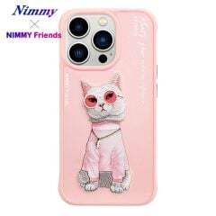 iPhone 15 Pro Max 3D Gerçek Nakış İşleme Kabartmalı Beyaz Kedi Zincir Gözlük Detaylı Cool Glasses Silikon Kılıf