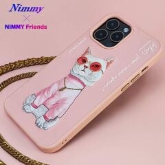 iPhone 15 Pro Max 3D Gerçek Nakış İşleme Kabartmalı Beyaz Kedi Zincir Gözlük Detaylı Cool Glasses Silikon Kılıf