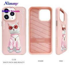 iPhone 15 Pro Max 3D Gerçek Nakış İşleme Kabartmalı Beyaz Kedi Zincir Gözlük Detaylı Cool Glasses Silikon Kılıf