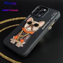 iPhone 15 Pro Max 3D Gerçek Nakış İşleme Kabartmalı Köpek Zincir Gözlük Detaylı Cool Glasses Silikon Kılıf