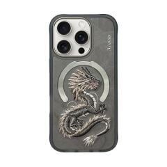iPhone 16 Pro Max 3D Gerçek Nakış işlemeli MagSafe Özellikli Fantasy Animal Golden Dragon Silikon Kılıf