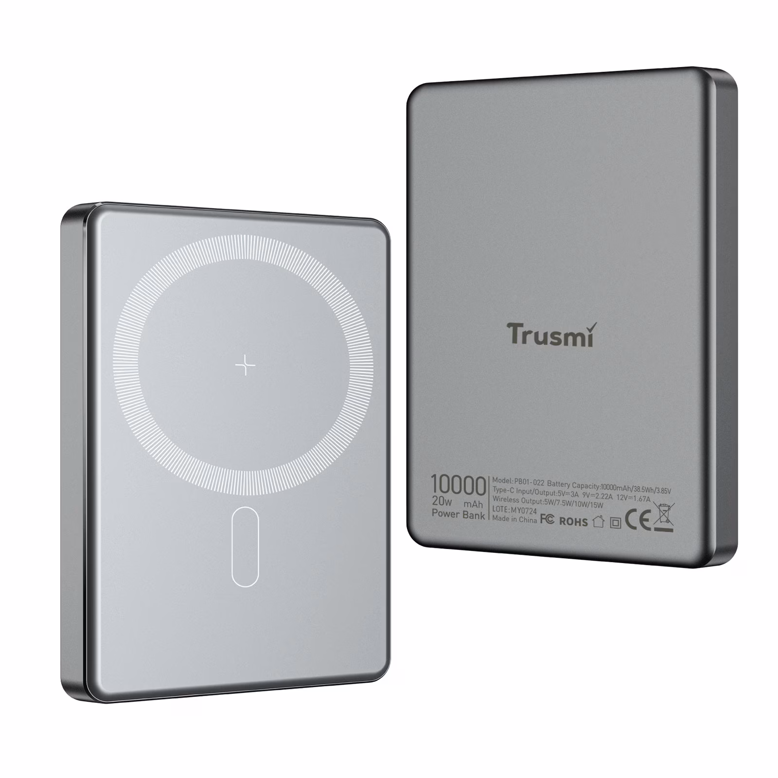 TRUSMI PB01-02 PD20W Ultra İnce Manyetik Kablosuz Şarjlı Powerbank 10000mAh Gri