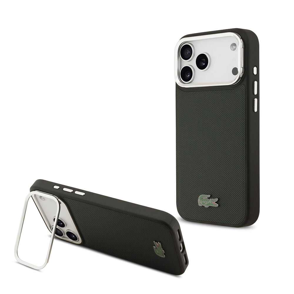 Apple iPhone 17 Pro Max Kılıf Lacoste Orjinal Lisanslı M-safe Şarj Özellikli PU Pike Desenli Standlı Metal Logolu