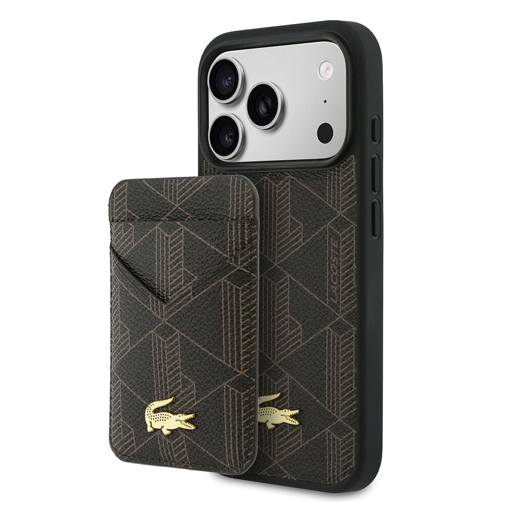 Apple iPhone 17 Pro Max Kılıf Lacoste Orjinal Lisanslı M-safe Şarj Özellikli PU Deri Tasarımlı Kartlıklı Karışık Monogram Desenli Kapak