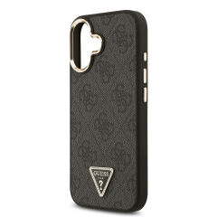 Apple iPhone 17 Kılıf Guess Orjinal Lisanslı M-safe Şarj Özellikli Gold Metal Kamera Çerçeveli Taşlı Üçgen Logo 4G Desenli Kapak