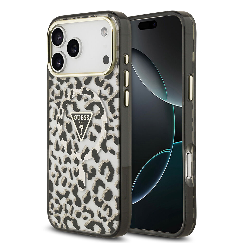 Apple iPhone 17 Pro Max Kılıf Guess Orjinal Lisanslı M-safe Şarj Özellikli Üçgen Logolu Simli Leopar Desenli Kapak