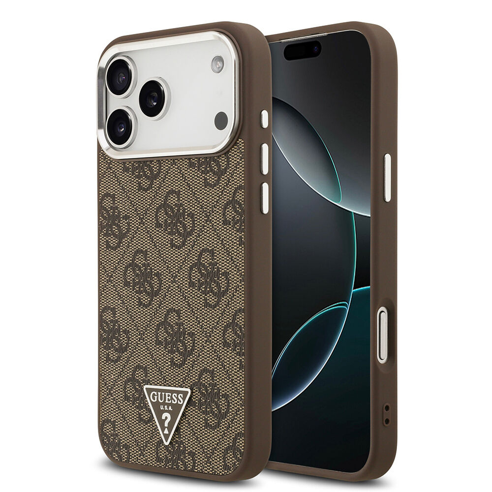 Apple iPhone 17 Pro Max Kılıf Guess Orjinal Lisanslı M-safe Şarj Özellikli Gümüş Metal Kamera Çerçeveli Üçgen Logo 4G Desenli Kapak
