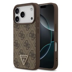 Apple iPhone 18 Pro Kılıf Guess Orjinal Lisanslı M-safe Şarj Özllikli PU Deri Taşlı Üçgen Logo 4G Desenli Strass Kapak