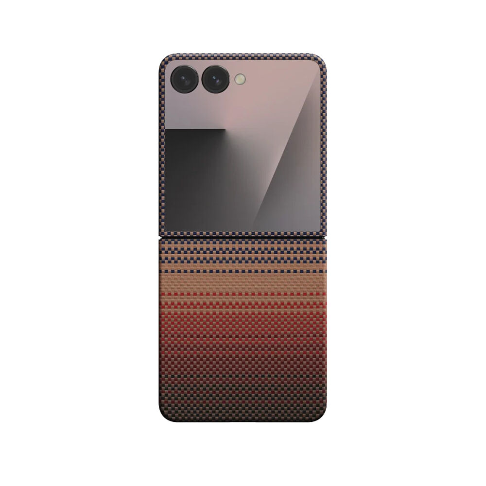 Galaxy Z Flip 7 Kılıf M-safe Şarj Özellikli Aramid Karbon Fiber Pitaka Tactile Woven Sunset-Moonrise Serisi Kapak
