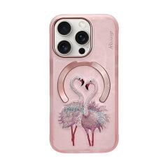 iPhone 16 Pro Max Uyumlu | MagSafe Destekli 3D Gerçek Nakış İşlemeli Flamingo Desenli Kılıf