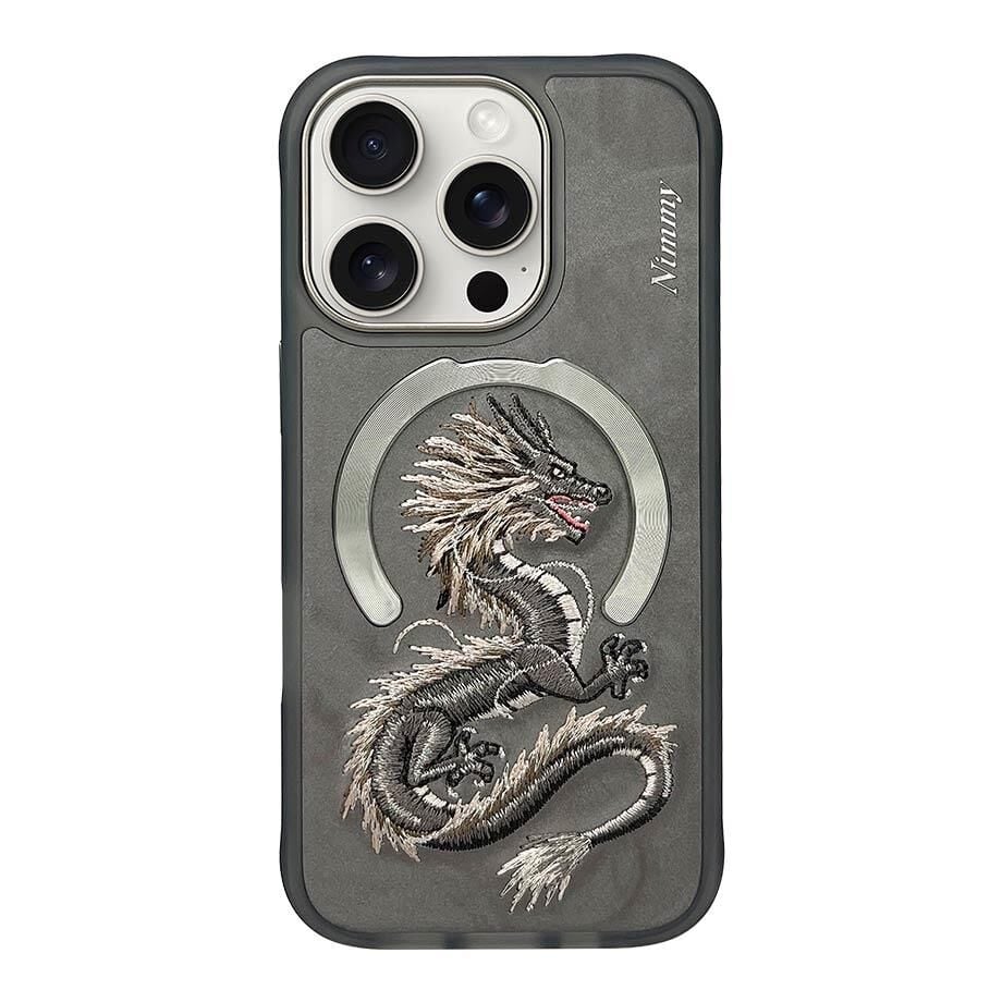NIMMY iPhone 15 Pro Max Uyumlu | MagSafe Destekli 3D Gerçek Nakış İşlemeli Golden Dragon Kılıf