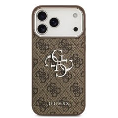 Apple iPhone 17 Pro Max Kılıf Guess Orjinal Lisanslı Gümüş Metal Kamera Çerçeveli 4G Desenli Metal Büyük 4G ve Yazı Logolu Kılıf