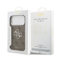 Apple iPhone 17 Pro Max Kılıf Guess Orjinal Lisanslı Gümüş Metal Kamera Çerçeveli 4G Desenli Metal Büyük 4G ve Yazı Logolu Kılıf