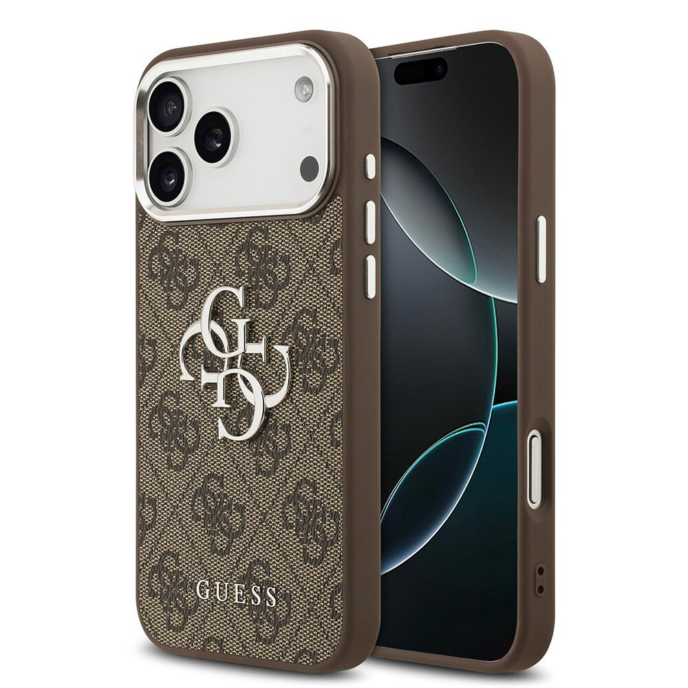 Apple iPhone 17 Pro Max Kılıf Guess Orjinal Lisanslı Gümüş Metal Kamera Çerçeveli 4G Desenli Metal Büyük 4G ve Yazı Logolu Kılıf